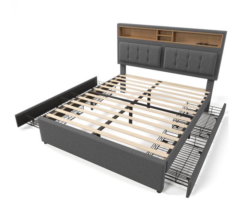 Lit Adulte Lit 160x200, Lit 2 Place Avec 4 Tiroirs De Rangement, USB C Et Prises, Lin, Gris