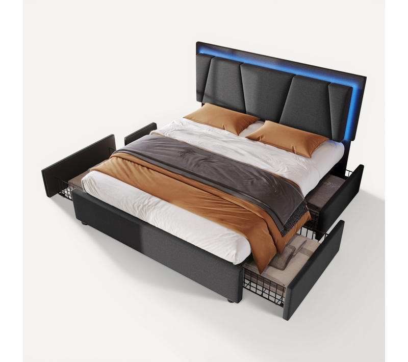 Lit Adulte Lit 140x200, Lit 2 Place Avec Éclairage LED Et 4 Tiroirs De Rangement, Lin, Gris