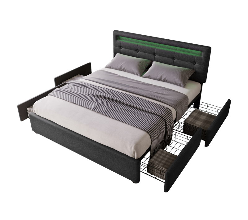 Lit Adulte 140x200 Cm Lit 2 Place Avec Éclairage LED Et 4 Tiroirs De Rangement, Lin, Noir