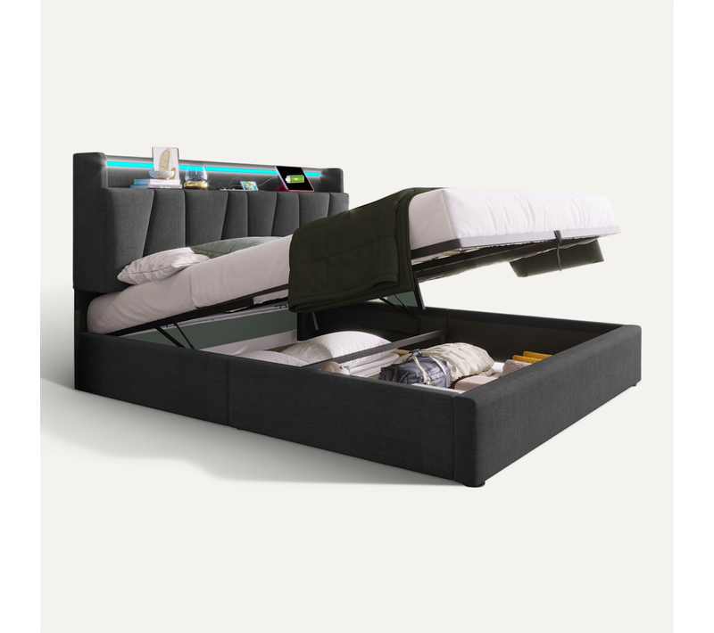 Lit Coffre Adulte 140x200 cm, 2 Places Avec Chargeur USB , LED Et Tête De Lit Rangement, Lin, Gris