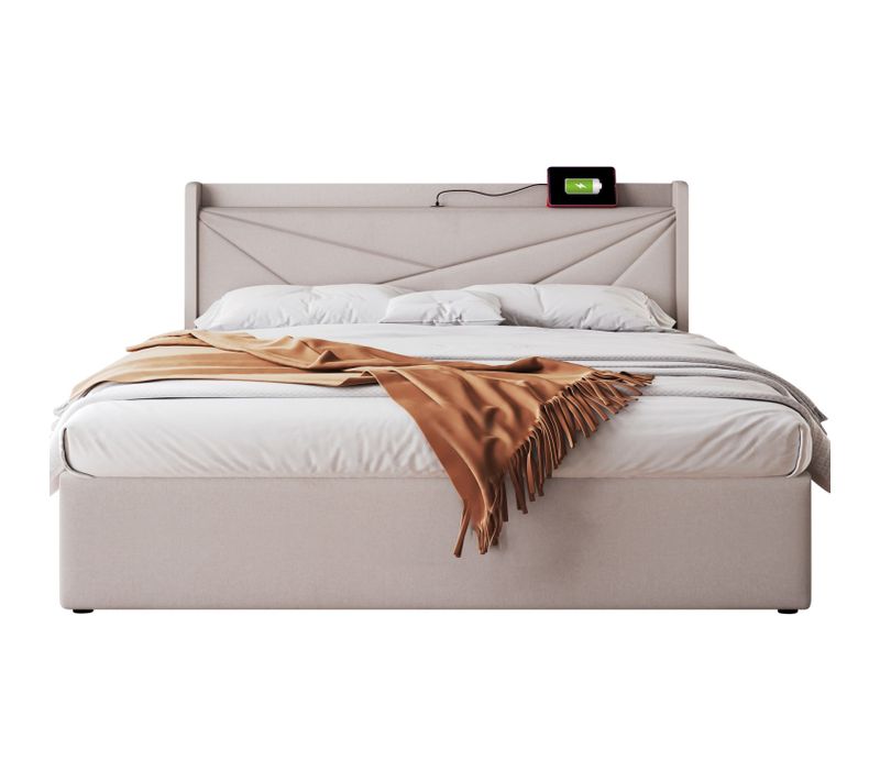 Lit Coffre Adulte 160x200cm Lit 2 Place, Tête De Lit Avec Chargement USB Type C, Coton Et Lin, Beige