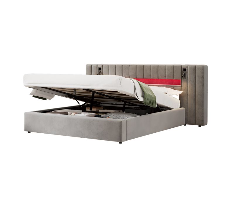 Lit Coffre Adulte 180x200 Cm Lit 2 Place Avec Port USB, LED Et Lampe De Chevet, Velours, Gris