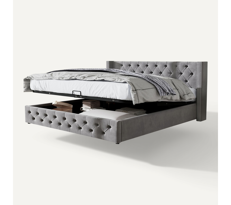 Lit Coffre Hydraulique 140x190 Cm, Lit 2 Place Pour Adulte, Design Rivet, Avec Fond, Velours, Gris