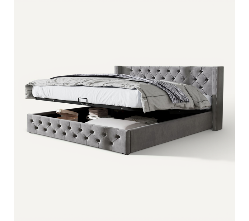 Lit Coffre Hydraulique 140x200 Cm, Lit 2 Place Pour Adulte, Design Rivet, Avec Fond, Velours, Gris
