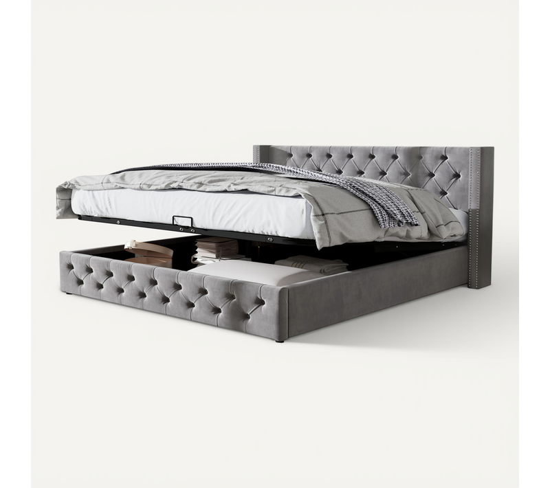 Lit Coffre Hydraulique 160x200 Cm, Lit 2 Place Pour Adulte, Design Rivet, Avec Fond, Velours, Gris