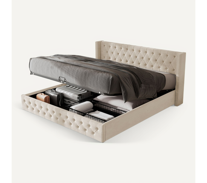 Lit Coffre Hydraulique 160x200 Cm, Lit 2 Place Pour Adulte, Design Rivet, Avec Fond, Velours, Beige