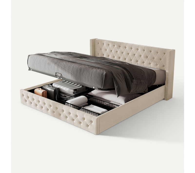 Lit Coffre Hydraulique 180x200 Cm, Lit 2 Place Pour Adulte, Design Rivet, Avec Fond, Velours, Beige