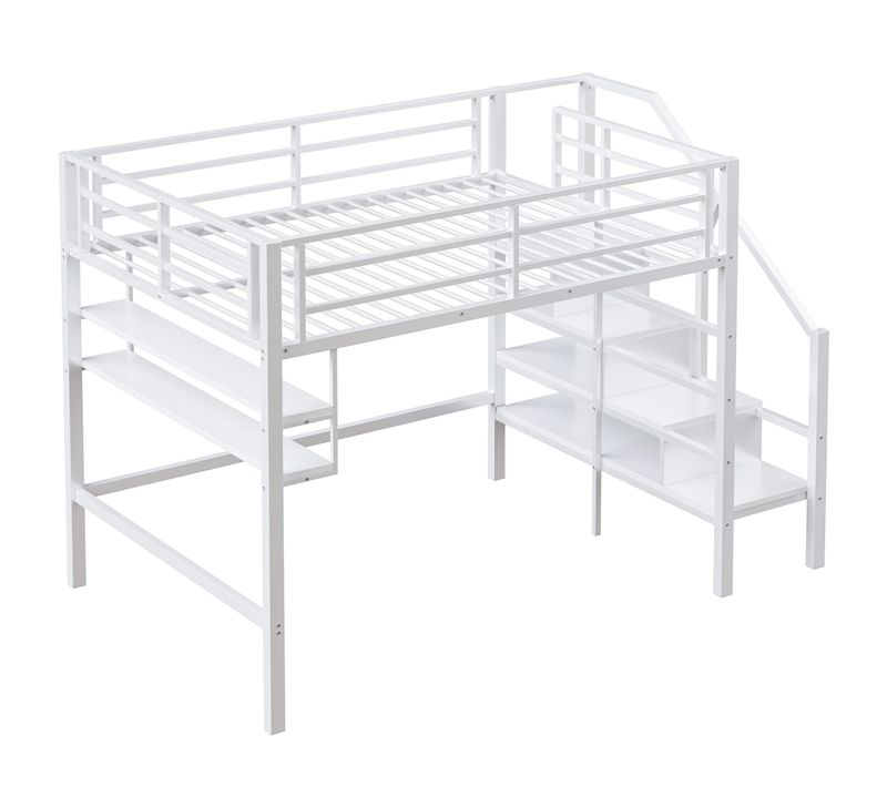 Lit Mezzanine 140*200cm, Garde Corps Anti-chute, Échelle De Rangement, Métal, Blanc