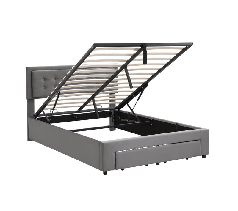 Lit Coffre Hydraulique Lit 140x190, Lit 2 Place Adulte Avec Tiroir Et Tête De Lit, Velours, Gris