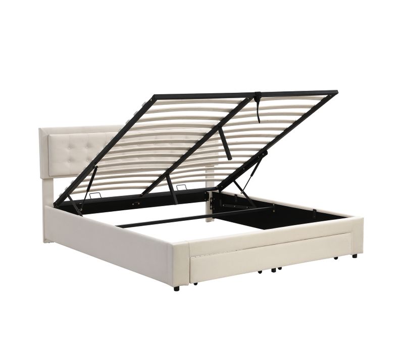 Lit Coffre Hydraulique Lit 180x200, Lit 2 Place Adulte Avec 2 Tiroirs Et Tête De Lit, Velours, Beige