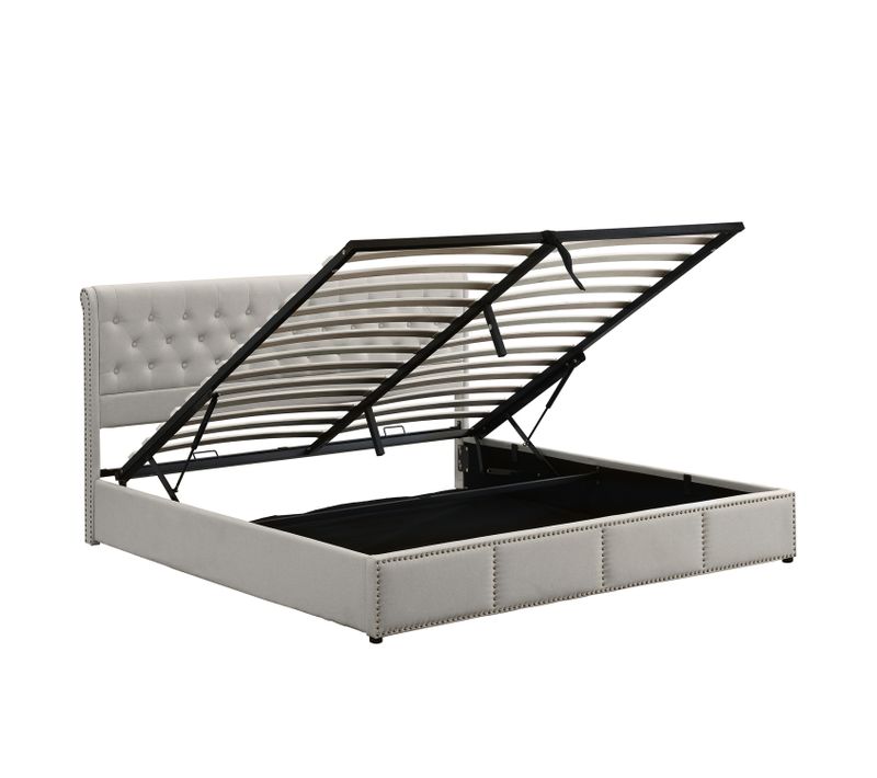 Lit Coffre 140x190 Cm, Lit Adulte 2 Place, Avec Tête De Lit, Décor Clouté, Coton + Lin, Gris Clair