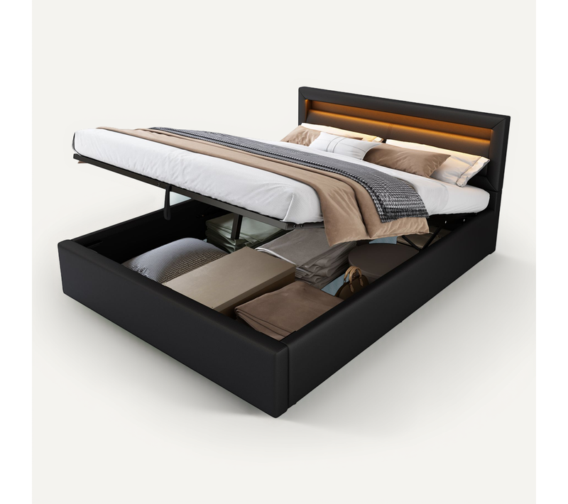 Lit Coffre Adulte 140x190 Cm, Lit Lit 2 Place, Avec Sommier à Lattes Et Éclairage LED, Pu, ​​noir