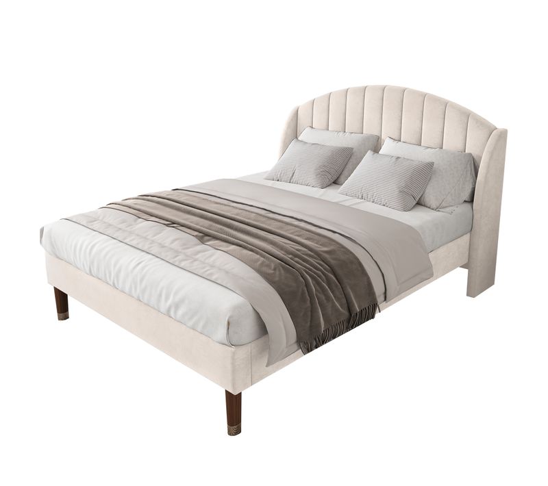 Lit Adulte Lit Double 160x200cm, Tête De Lit Capitonnée Avec Sommier à Lattes, Velours, Beige