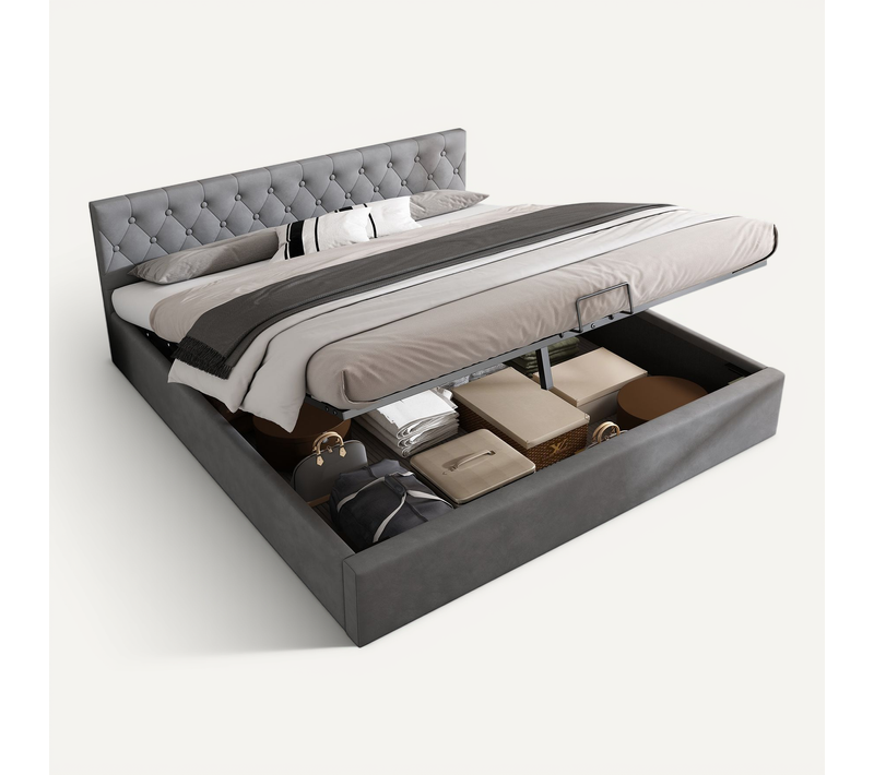 Lit Coffre Lit Adulte Lit Double 180x200 Cm, Tête De Lit Capitonnée Avec Sommier À Lattes, Gris