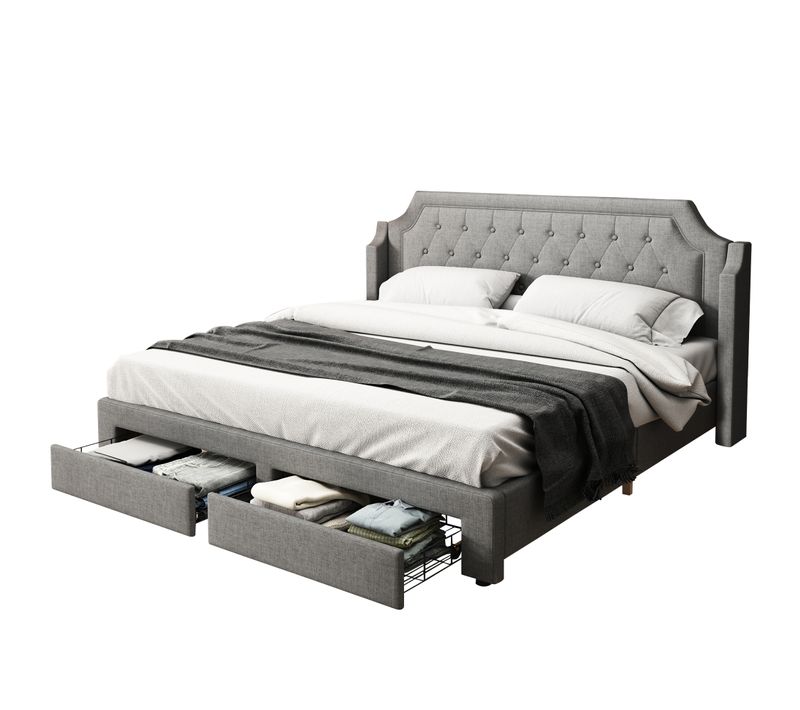 Lit Double Adulte Tapissé 180x200 Cm Avec Sommier à Lattes, LED, 2 Tiroirs, Lin, Gris