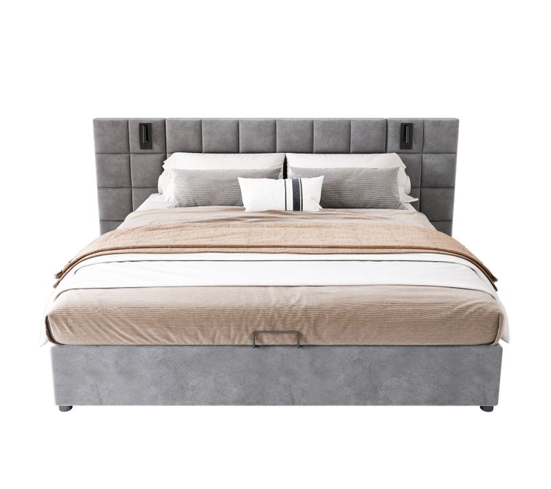 Lit Coffre 140x200 Cm, Lit Adulte, Tête De Lit Avec Lampe Et Charge USB, Velours, Gris