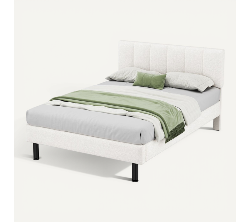 Lit Adulte Double 140x190 Cm, Tête De Lit Capitonnée, Pieds En Fer, Tissu Sherpa, Beige + Blanc