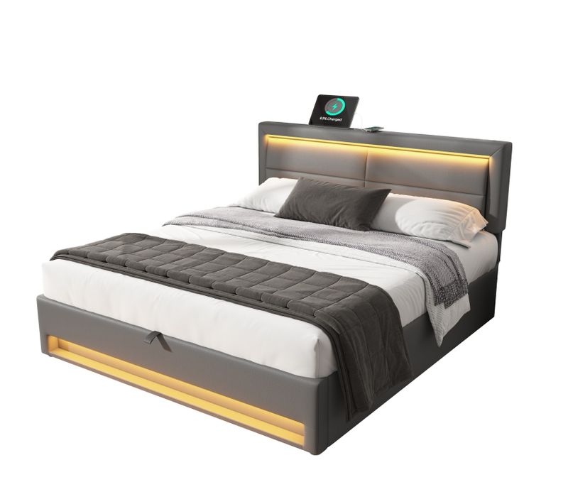 Lit Adulte Lit Coffre 140x190 Cm, Lit 2 Place Avec Port De Charge USB Et Éclairage LED, Pu, gris