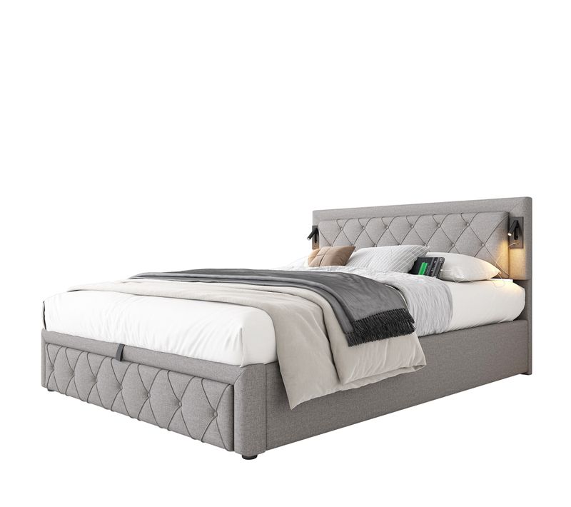 Lit Coffre Pour Adulte, Lit 2 Place 160 X 200 Cm, Rembourré, Avec Éclairage Et Port USB, Lin, Gris