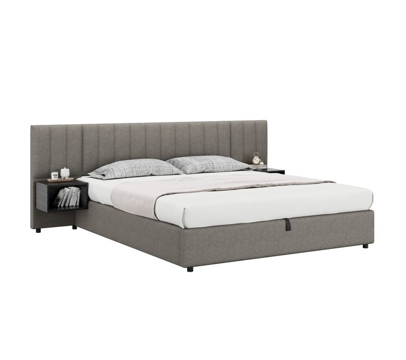 Lit Coffre Lit Adulte 180x200 Cm, Tête De Lit Large Avec 2 Tables De Chevet, Lin, Gris + Noir