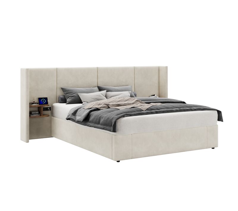 Lit Coffre Lit Adulte 160x200 Cm, Tête De Lit Large Avec USB, 2 Tables De Chevet, Velours, Beige