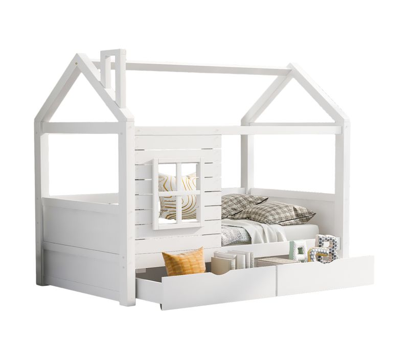 Lit Cabane Enfant 90x200cm, Lit Simple Avec Fenêtre Anti-chute, 2 Tiroirs, En Bois, Blanc