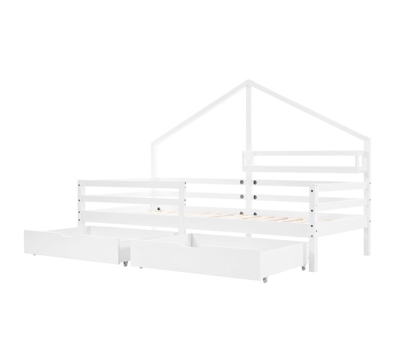Lit Cabane Enfant 90x200cm Avec Barrière Et Étagère De Rangement, 2 Tiroirs, En Bois, Blanc