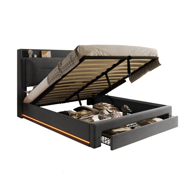 Lit Coffre LED 140x190 Cm, Lit 2 Place Pour Adulte, Tiroir De Rangement 2 En 1, Velours, Gris