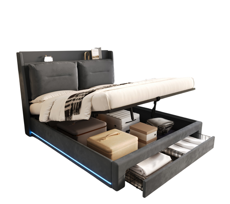 Lit Coffre LED 180x200 Cm, Lit 2 Place Pour Adulte, Tiroir De Rangement 2 En 1, Velours, Gris