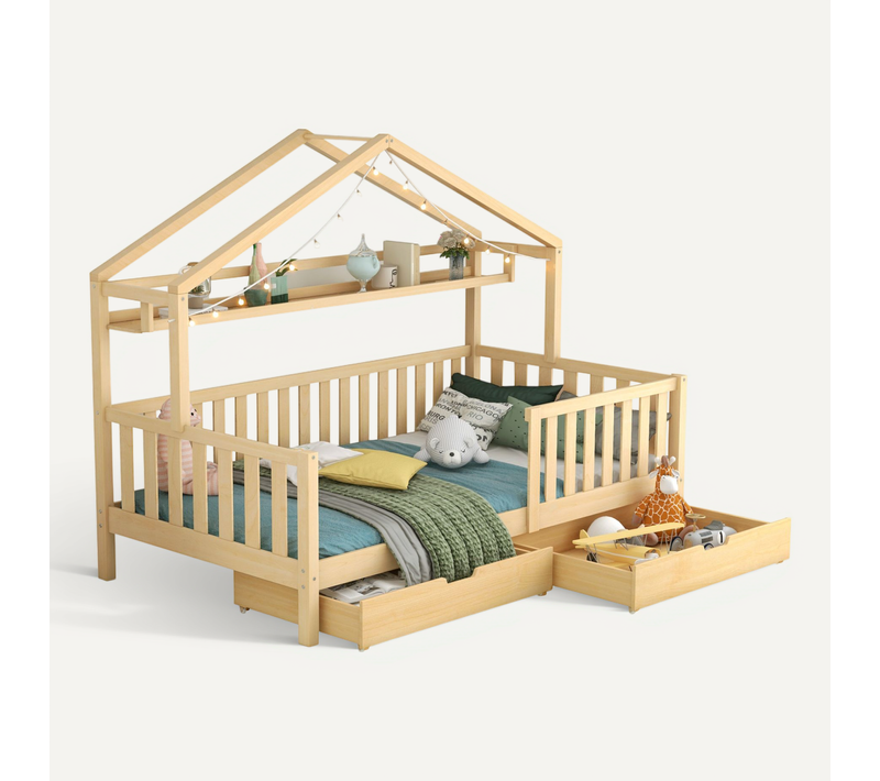 Lit Cabane Enfant 90x200 Cm, Avec 2 Tiroirs Et Sommier à Lattes, En Bois, Couleur Naturel
