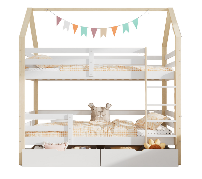 Lit Superposé Enfant 90x200 Cm, Avec 2 Tiroirs Et Lattes En Bois, Couleur Blanc + Naturel