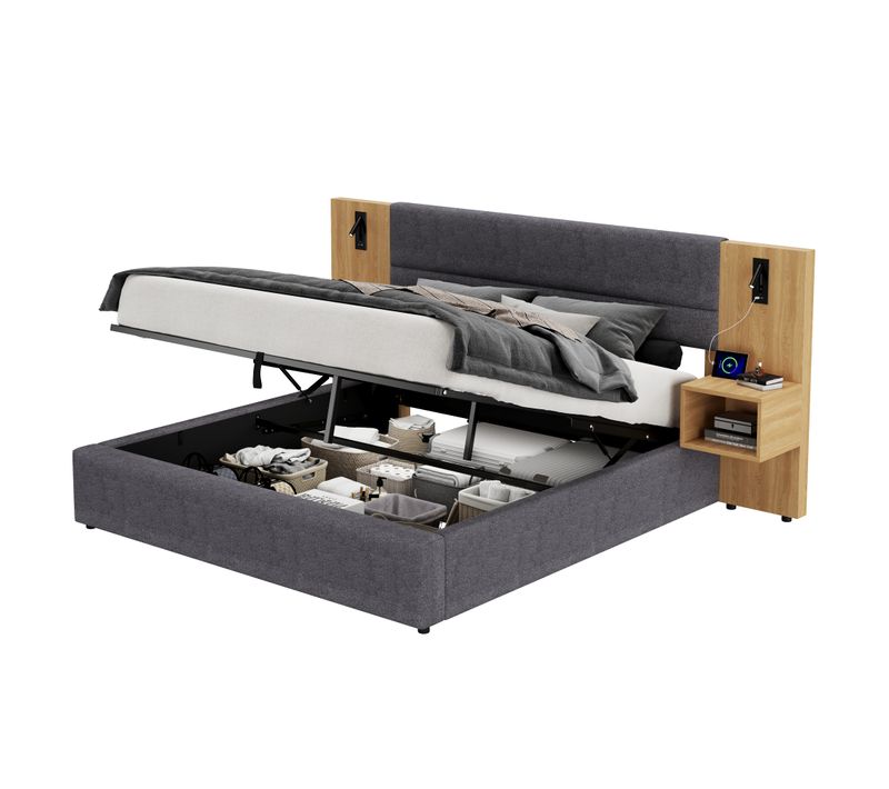 Lit Coffre Lit 2 Place 160x200 Cm Avec USB, 2 Tables De Chevet, Éclairage, Velours, Gris + Naturel