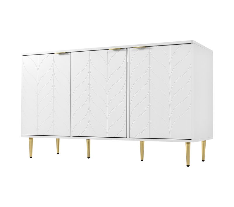 Buffet 127x45x75cm, Meuble De Rangement à Motifs Floraux, 3 Portes, 6 Compartiments, Blanc