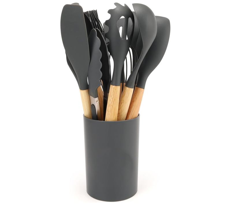 Lot De 12 Ustensiles De Cuisine En Silicone Avec Manche En Bois, Résistant à La Chaleur, Gris