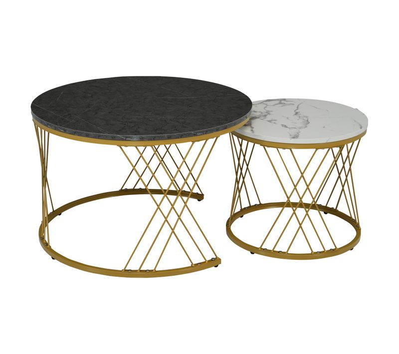 Table Basse Gigogne Ronde, Ensemble De 2, Placage De Marbre, Cadre De Couleur Dorée, Blanc + Gris