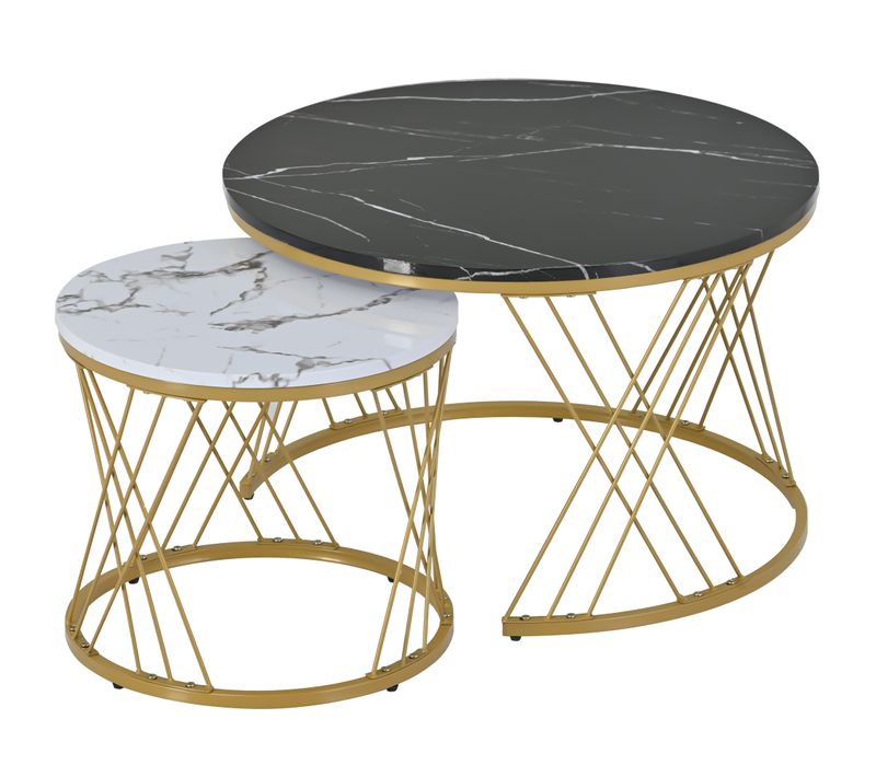 Table Basse Gigogne Ronde, Ensemble De 2, Placage De Marbre, Cadre De Couleur Dorée, Blanc + Noir