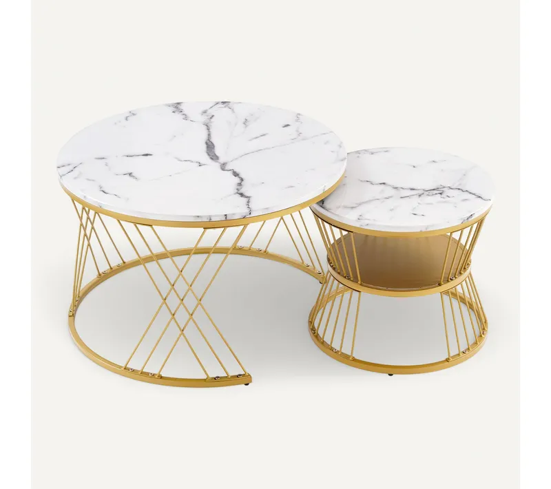 Lot de 2 Tables Basses Gigognes Ronde Placage De Marbre, Cadre De Couleur Dorée, Mdf, Blanc
