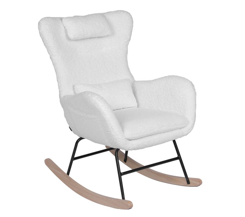 Chaise à Bascule, Rocking-chair Avec Coussin, Oreiller, Poche, En Tissu Teddy, Blanc