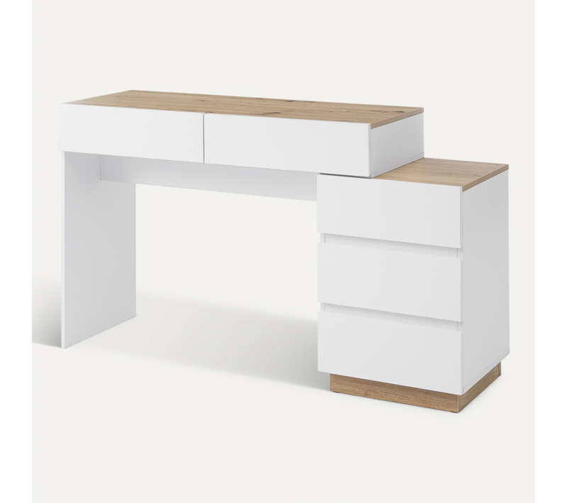 Coiffeuse 5 Tiroirs, Bureau Avec Rangement Pour Chambre, Aggloméré E1, Blanc + Couleur Chêne