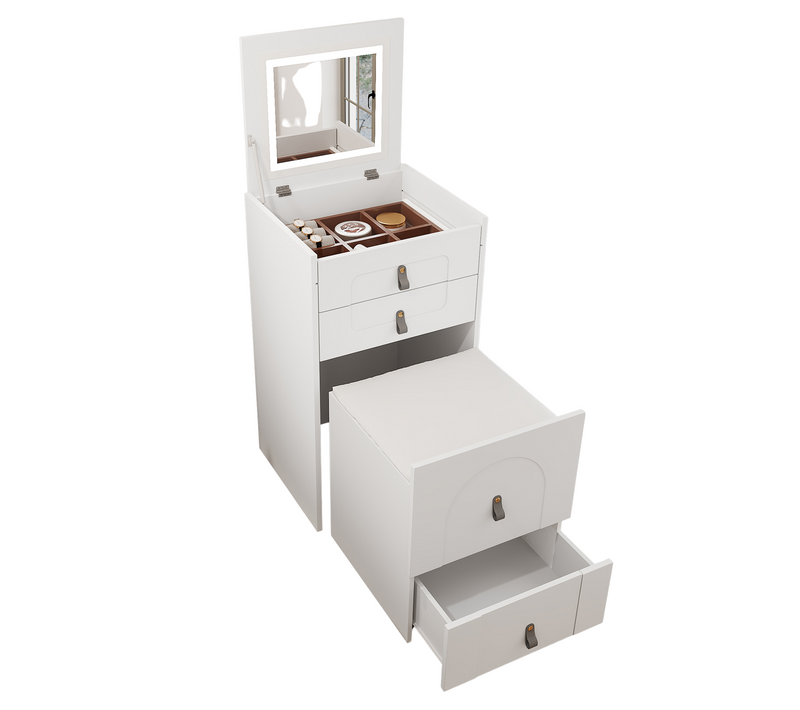 Coiffeuse Avec Miroir Et Éclairage LED + 3 Tiroirs + Tabouret De Maquillage De Rangement, Blanc