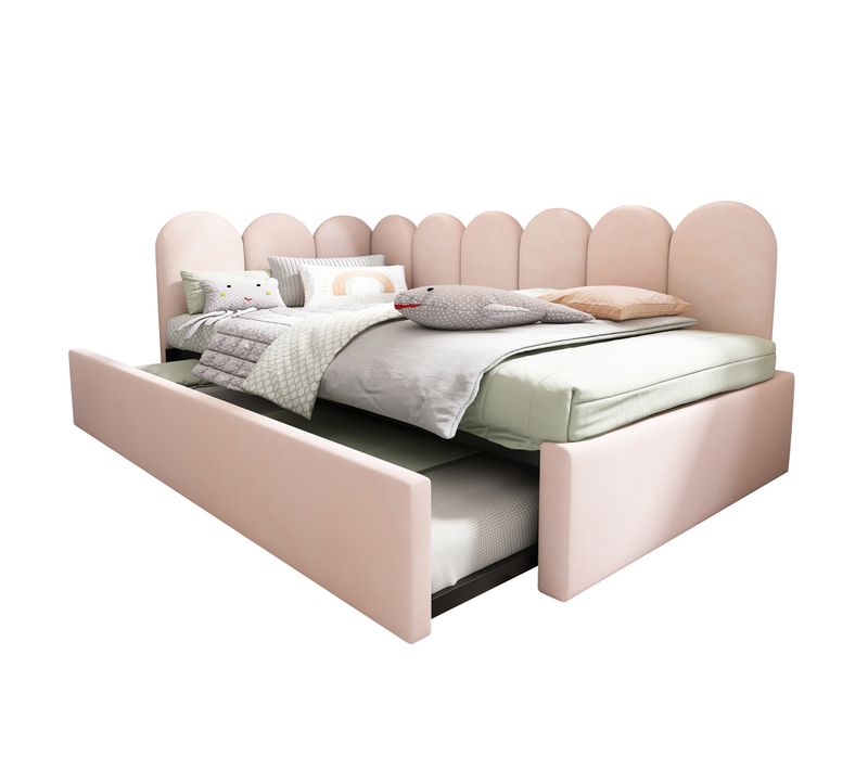 Lit Enfant Lit Gigogne 90x200/90x190cm, Lit De Repos Rembourré Avec Sommier à Lattes, Velours, Rose
