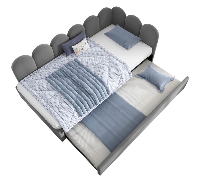 Lit Enfant Lit Gigogne 90x200/90x190cm, Lit De Repos Rembourré Avec Sommier à Lattes, Velours, Gris