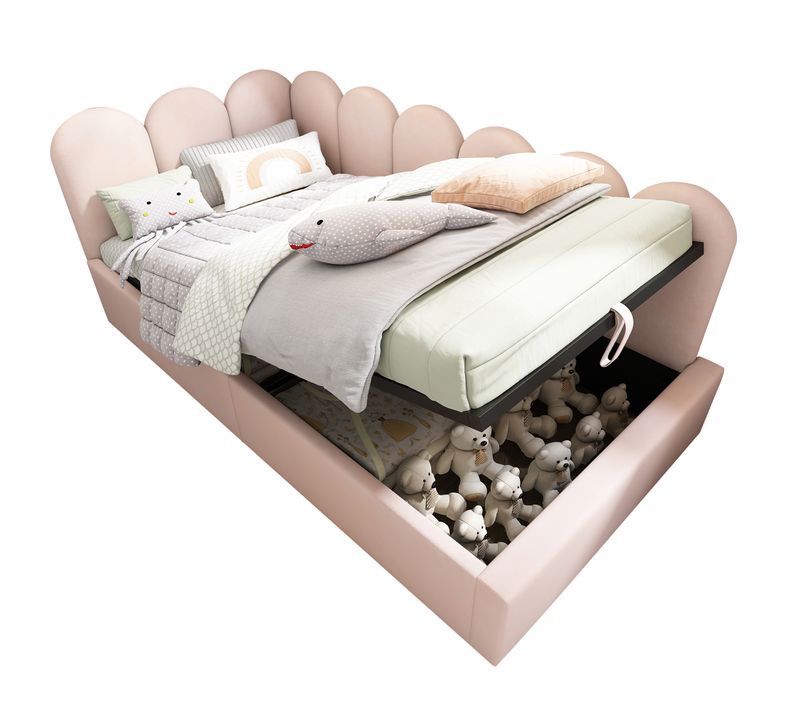 Lit Enfant Lit Coffre Hydraulique 90x200 Cm, Avec Sommier à Lattes Métalliques, Velours, Rose