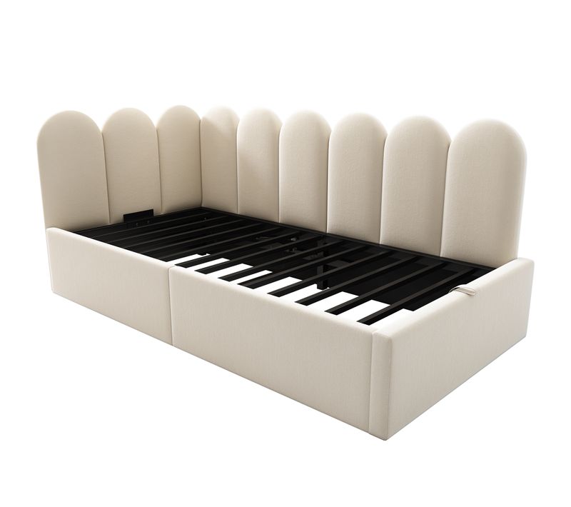 Lit Enfant Lit Coffre Hydraulique 90x190 Cm, Avec Sommier à Lattes Métalliques, Velours, Beige