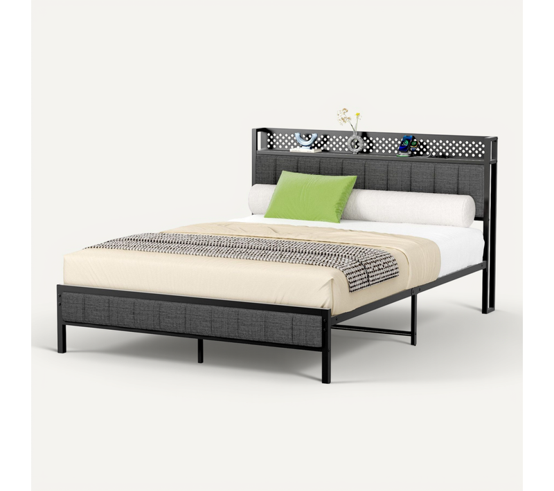 Lit En Métal 140x 200 Cm Avec Espace De Rangement, Port USB, Mdf + Tissu, Noir + Gris