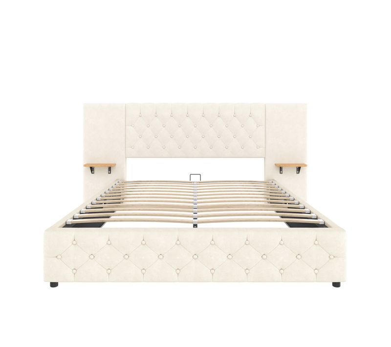Lit Adulte 160 X 200 Cm Avec Tête De Lit Large, LED, Port USB, 2 Tables De Chevet, Velours Beige