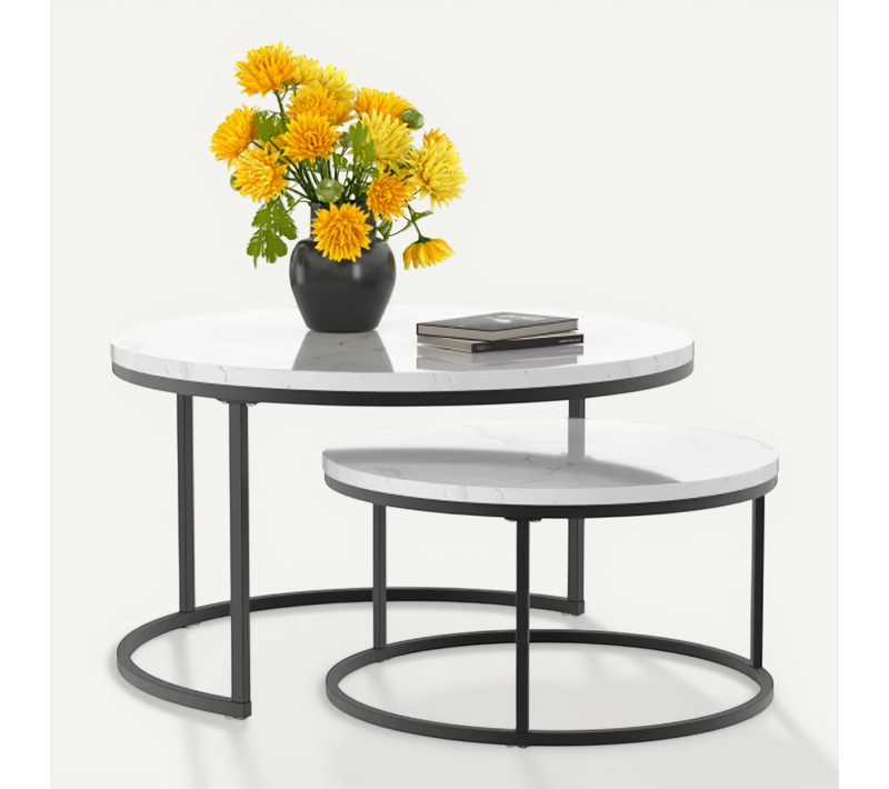 Table Basse Gigogne Ronde, Ensemble De 2, 80x80x45/60x60x33.5 Cm, Placage De Marbre, Blanc + Noir