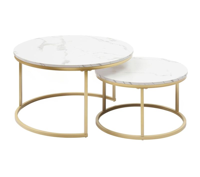 Table Basse Gigogne Ronde, Ensemble De 2, 80x80x45/60x60x33.5 Cm, Placage De Marbre, Blanc + Doré