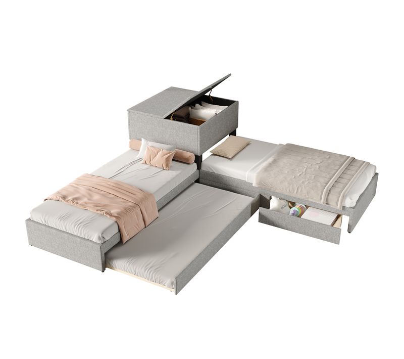 Lit Enfant 2 Lits Simples, 90x200cm Avec Coffre De Rangement Et Tiroir, Avec Lit Gigogne, Lin, Gris