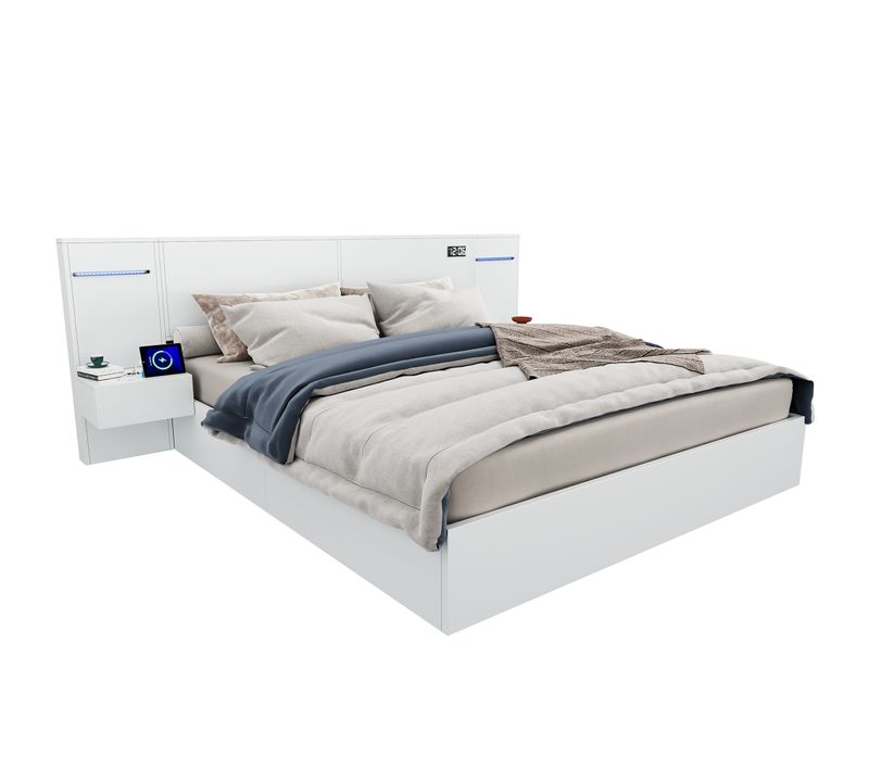 Lit Double En Bois 160x200cm,avec USB, LED, Expérience Intelligent, 2 Tables De Chevet, Blanc